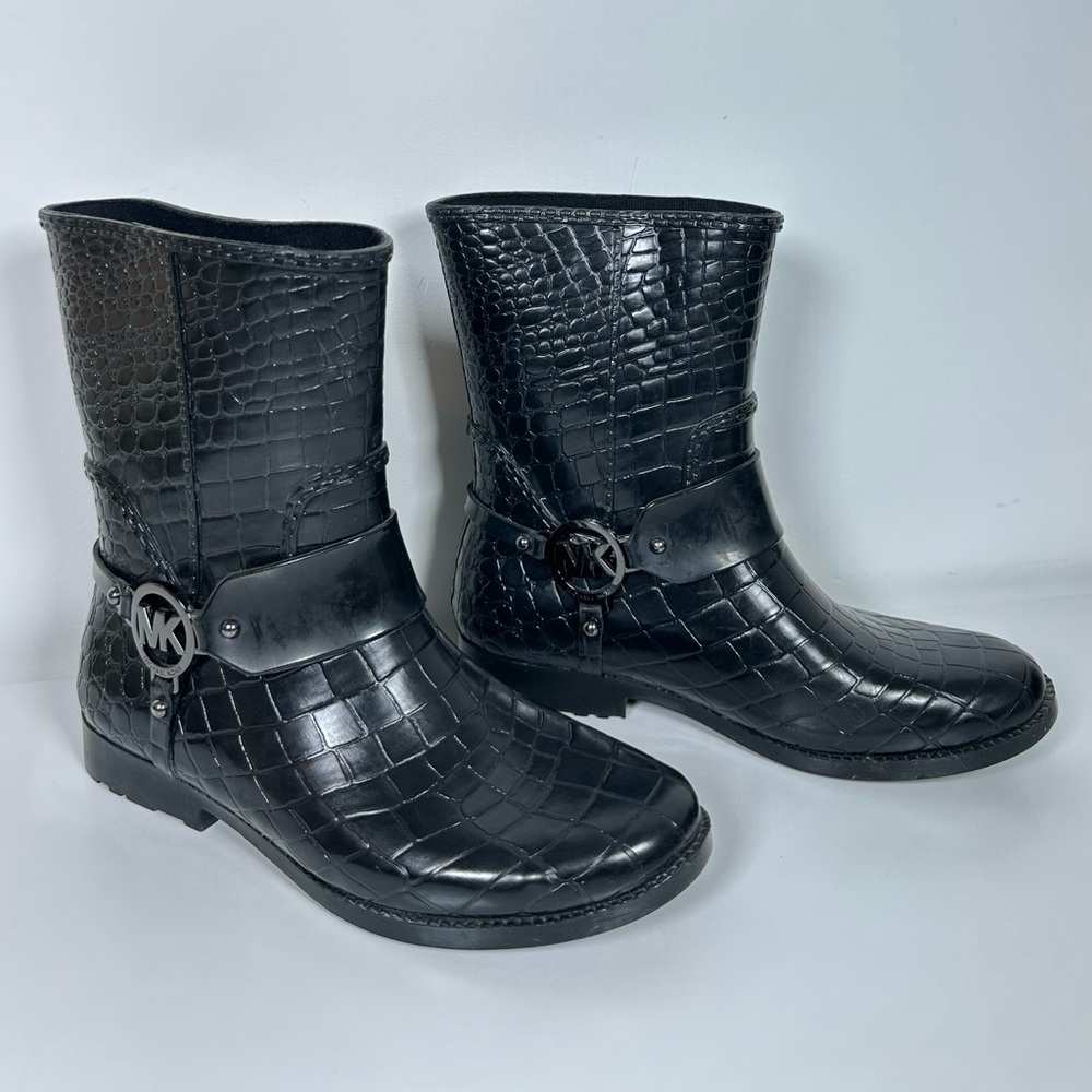 Michael Kors Black Croc-Patterned Rain Boots | Size 8